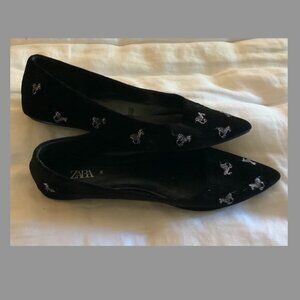 ZARA Black Velvet Flats with Zebra Detail Size 39